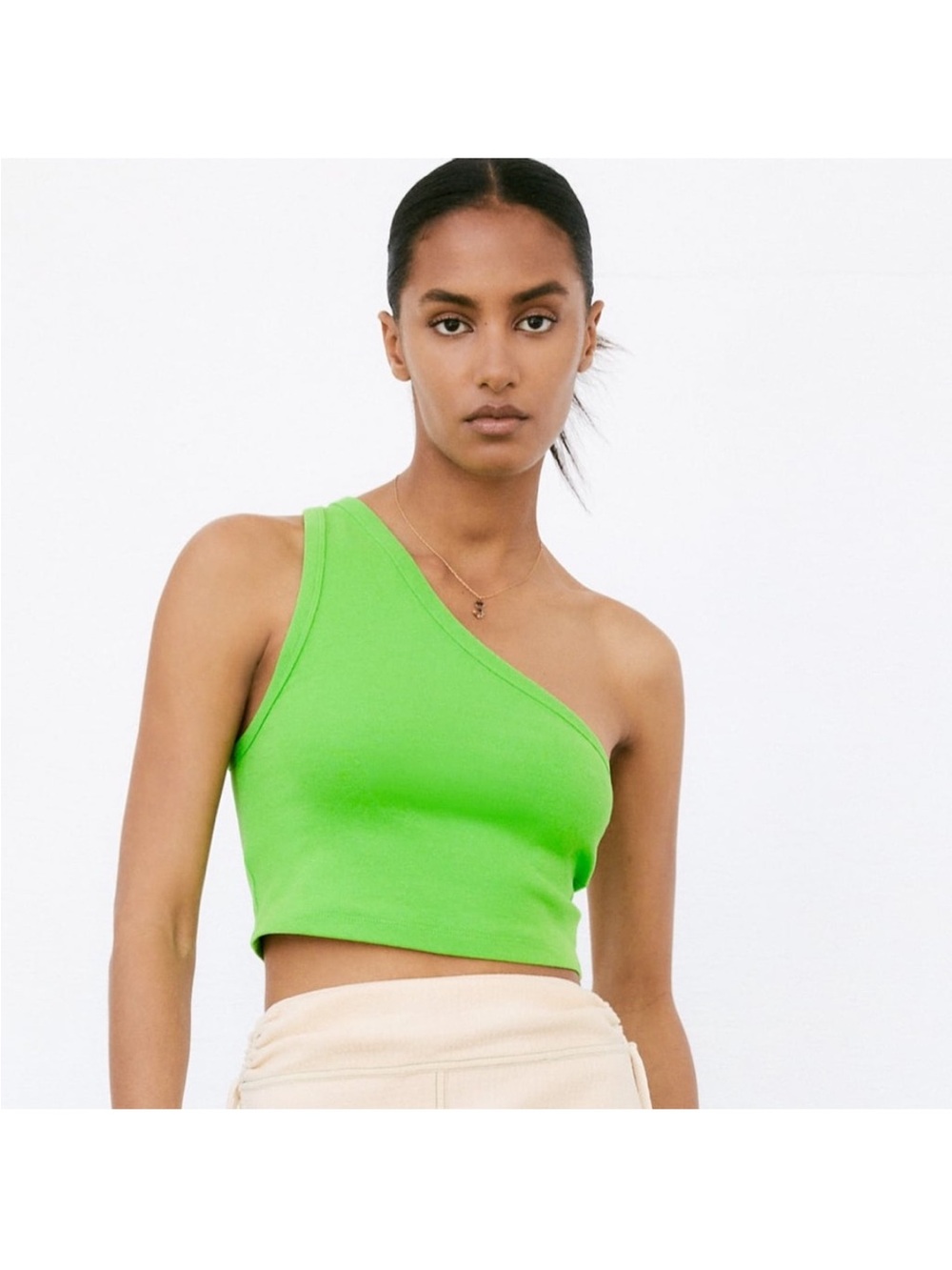 Zara One-Shoulder Neon Green Crop Top